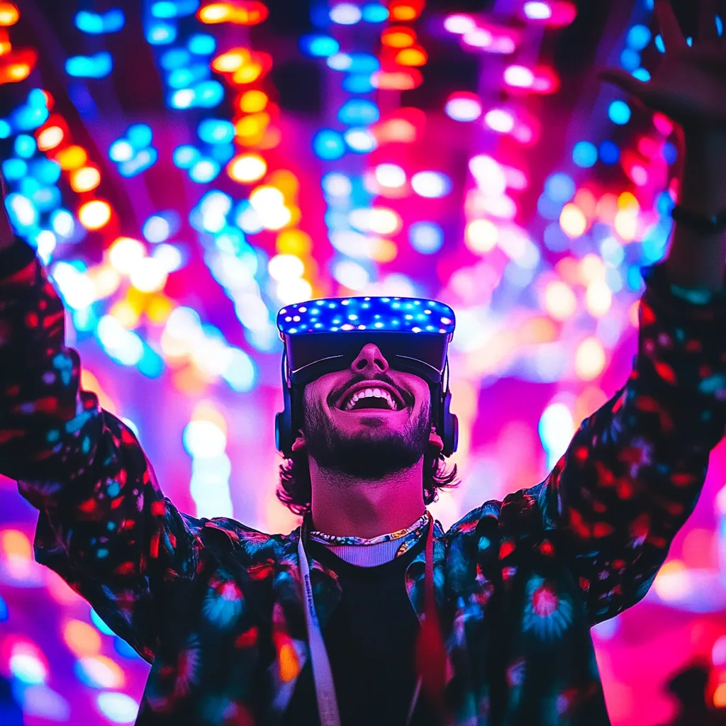a man wearing a VR headset at a futuristic theme park