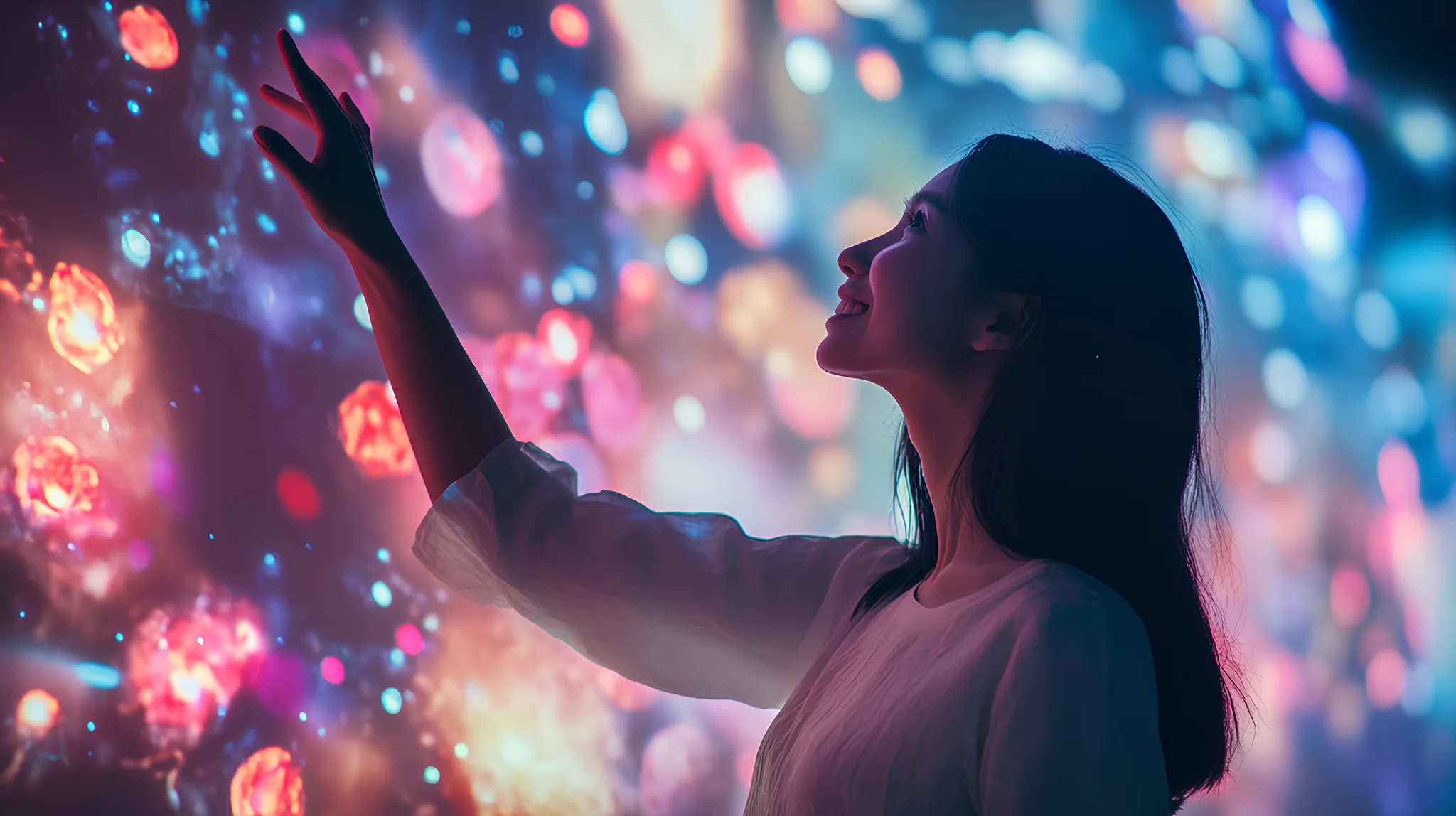 About us header - woman pointing at interactive screen